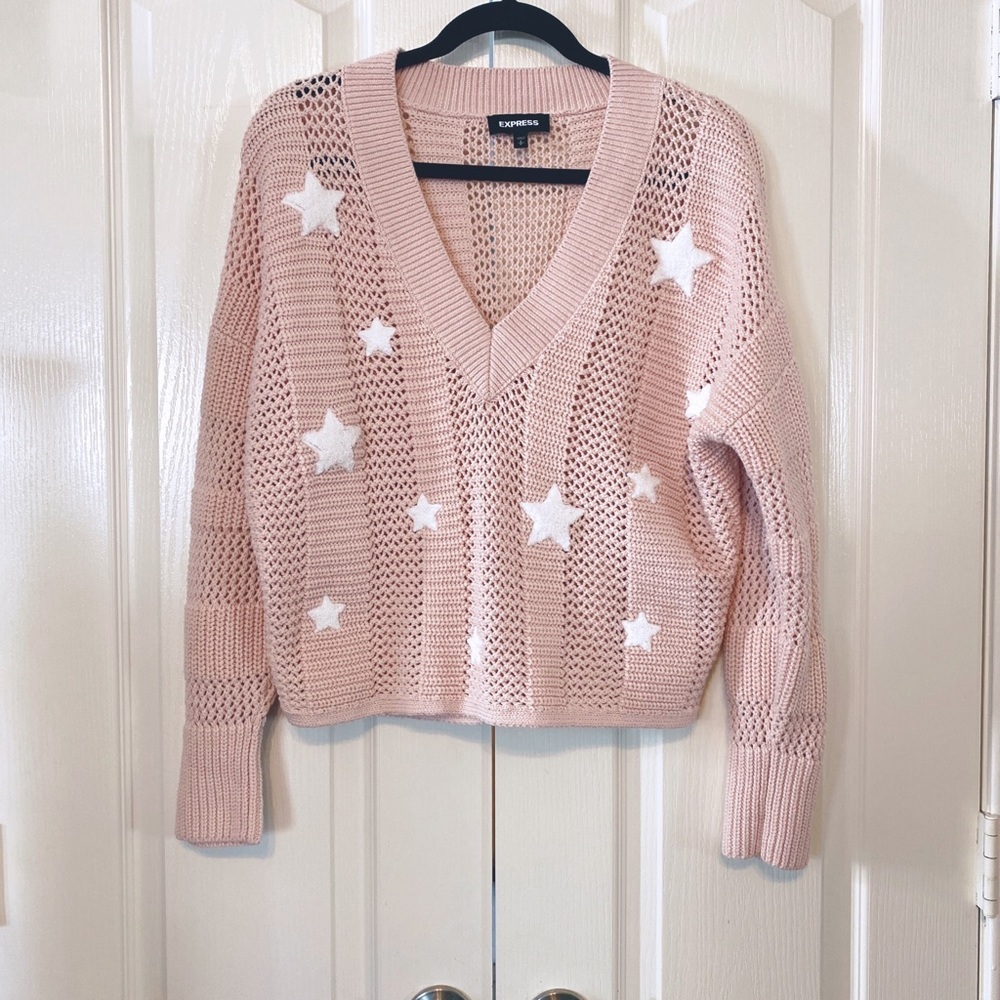 Woman’s Express V Neck Pink and White Star Sweater Size Small